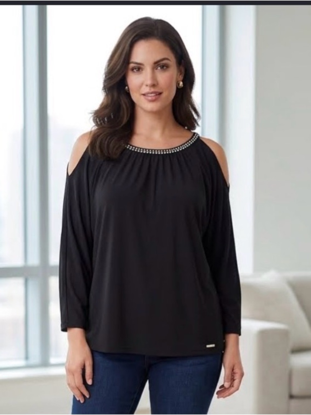 Michael Kors Black Cold-Shoulder Embellished Neckline Tunic